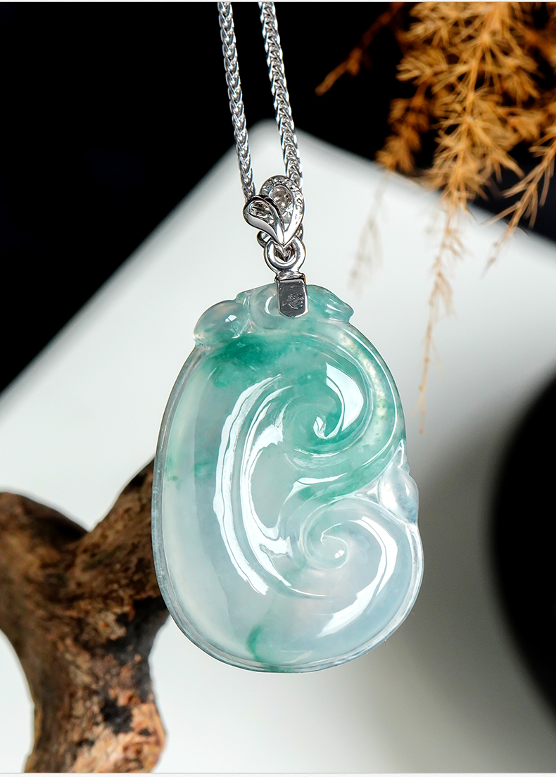 百博冰种翡翠飘花吉祥如意吊坠18k金扣头天然缅甸玉石a货带证书r00772