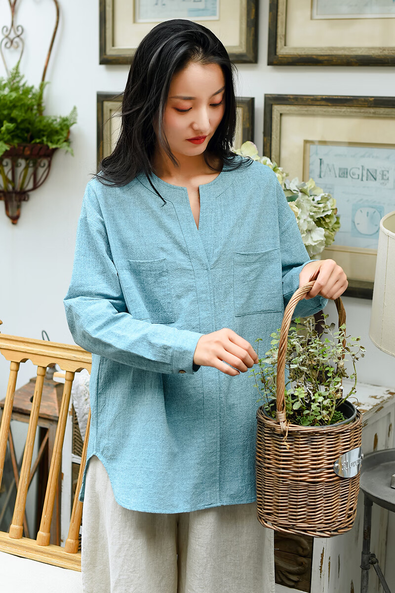 如素慢衣文艺棉麻女装长袖衬衫女前短后长宽松上衣春装新款25357 麻