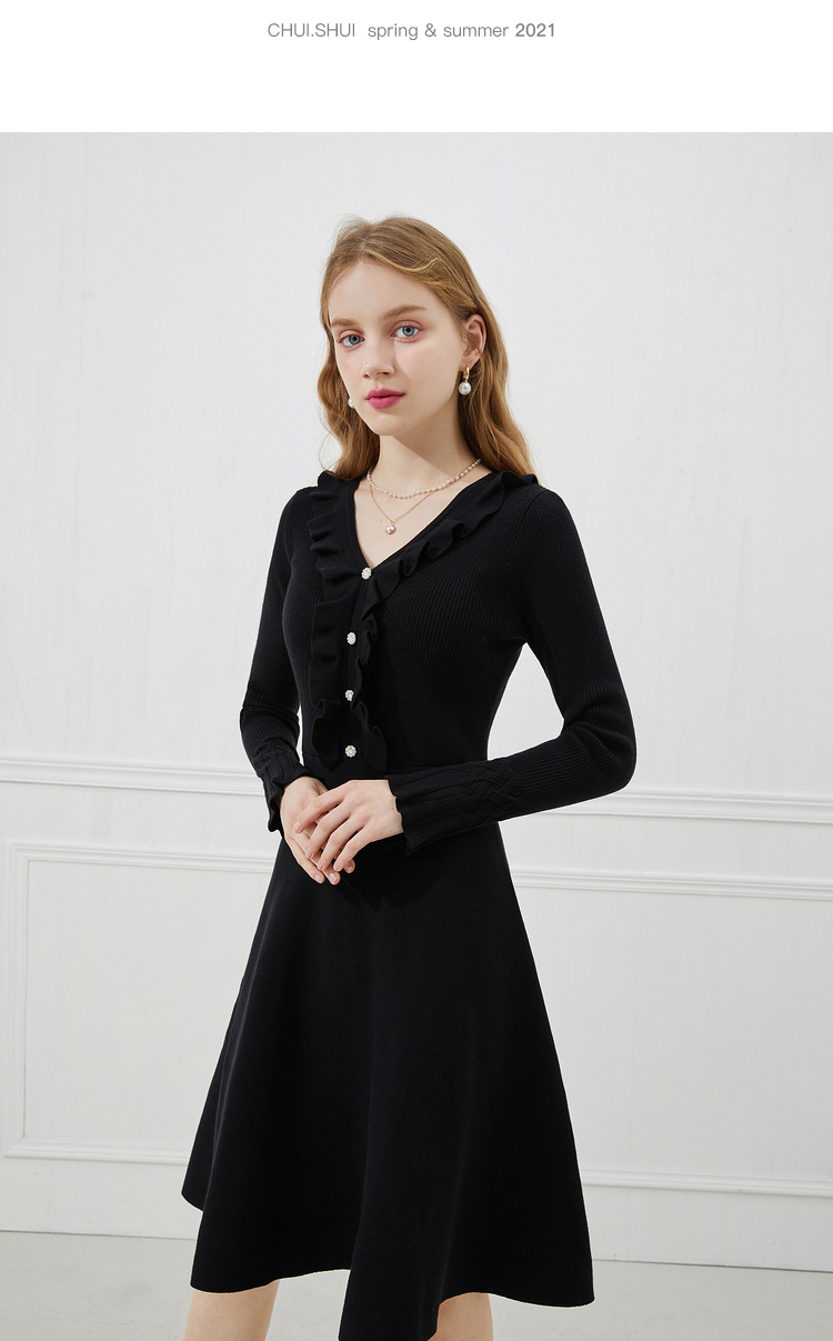 秋水伊人优雅气质连衣裙春2021新款女装法式修身v领长袖针织裙女 黑色