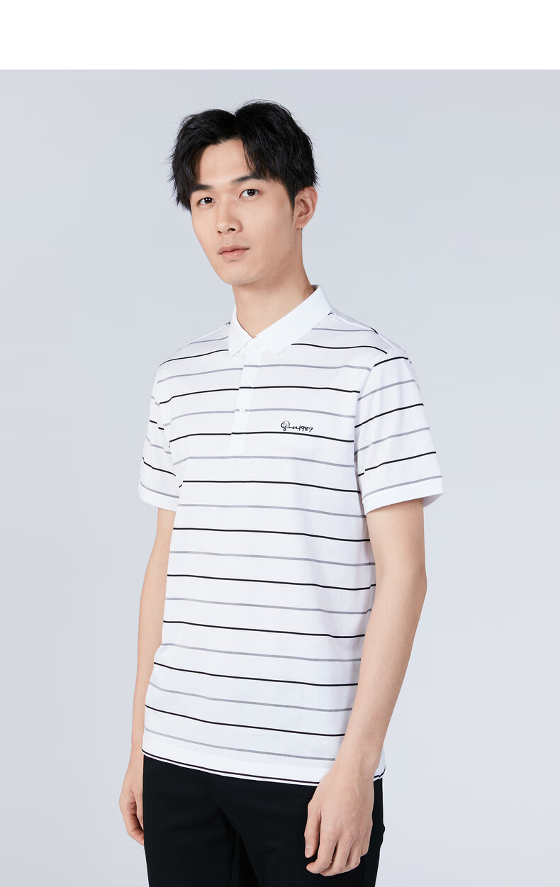利郎polo衫男士条纹短袖2021夏季新款刺绣商务含桑蚕丝10%t恤 白色