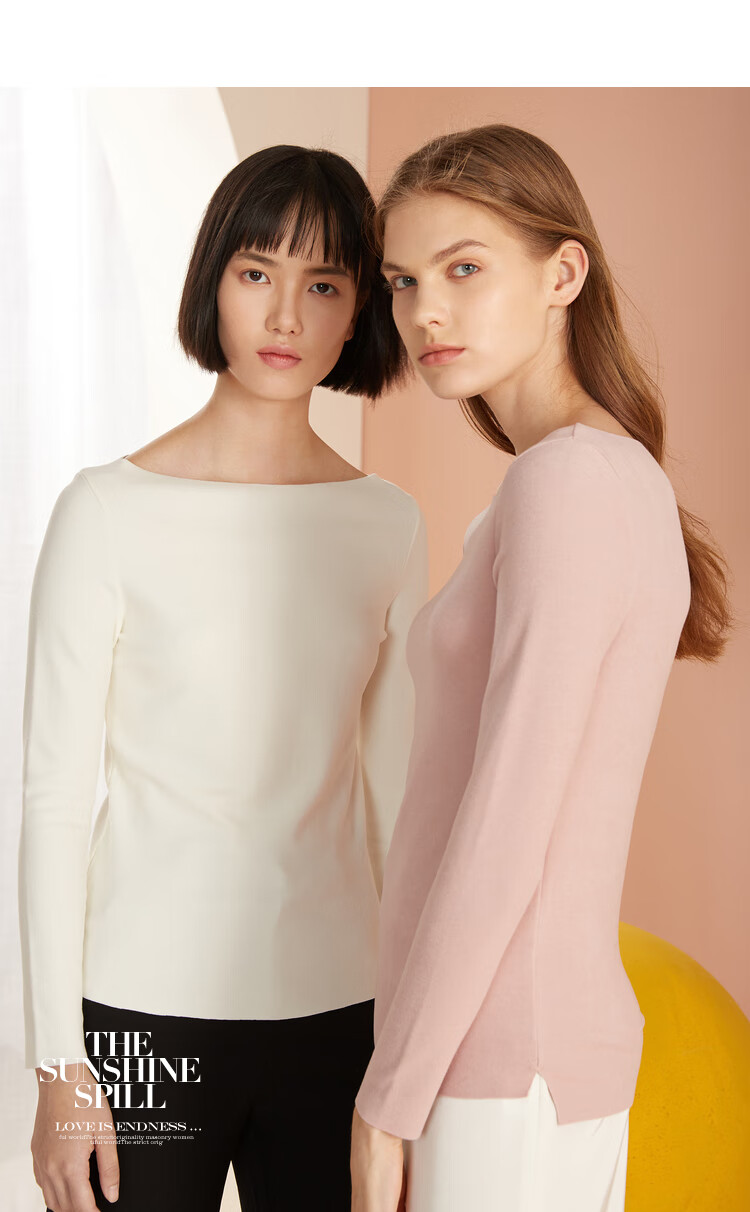 yinerlife音儿保暖内衣一字领弹力修身无痕打底蚕丝保暖打底上衣 黑色