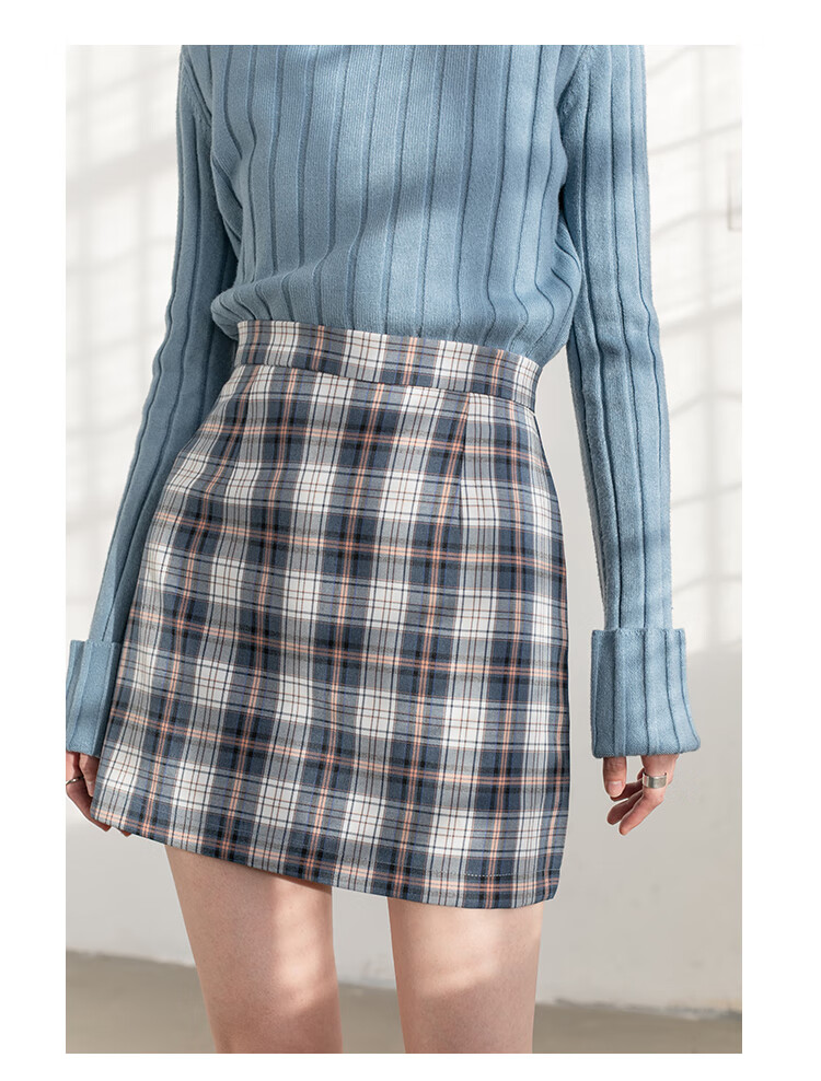 eggka短裙格子半身裙包臀裙2020新款秋冬裙子高腰 蓝色 l