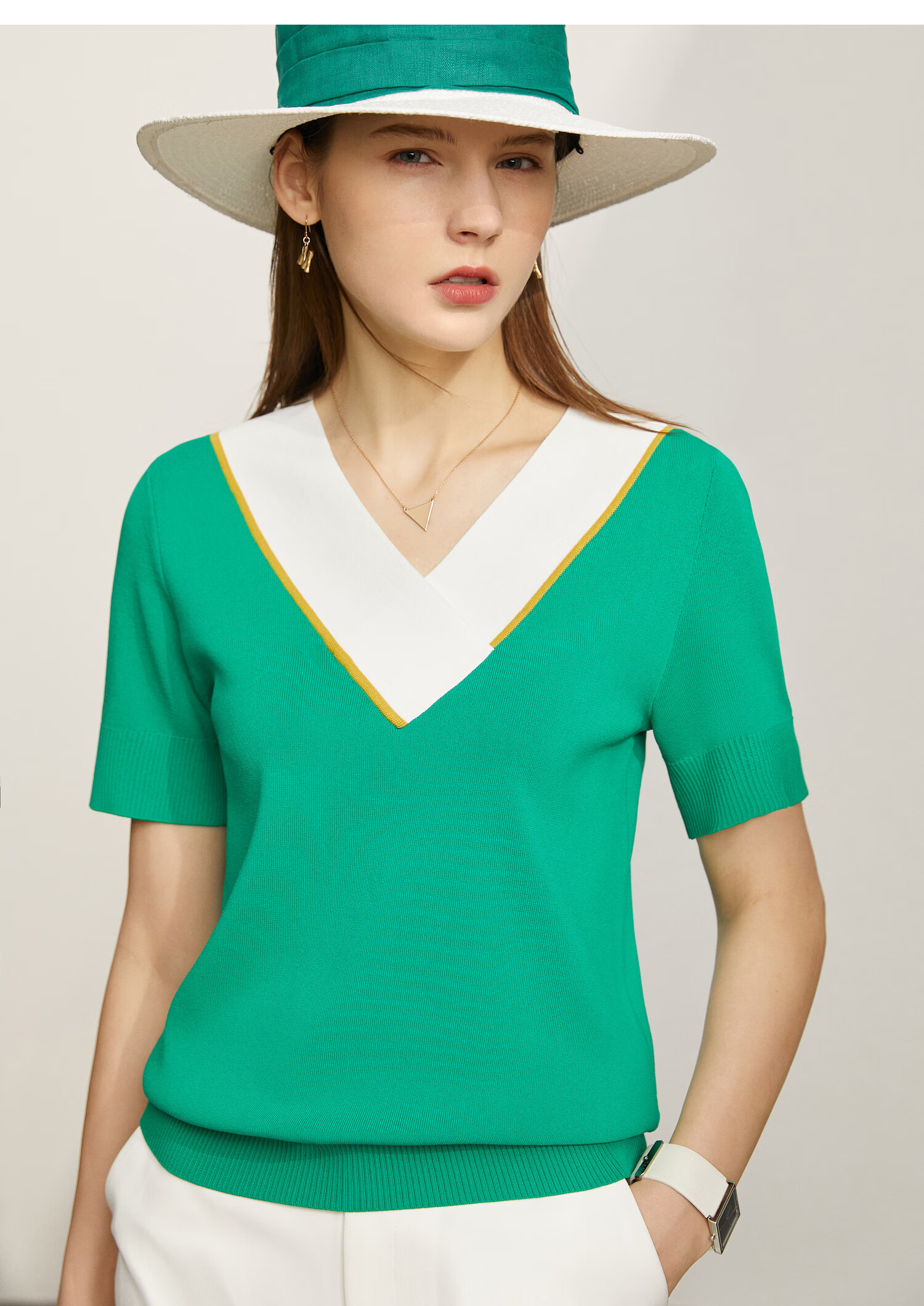 amii极简时尚撞色v领修身显瘦毛针织衫女2021春秋季新款短袖上衣 深海