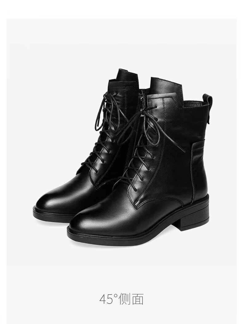 啄木鸟真软皮马丁靴2022新款单靴绒靴英伦风粗跟短靴女百搭中筒 黑色