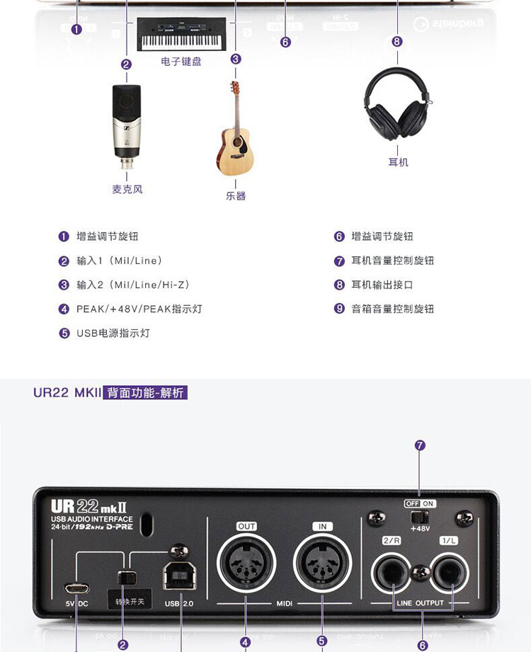 声卡ur22声卡22mkii作编曲直播k歌配音乐器录音套装艾肯m1套装