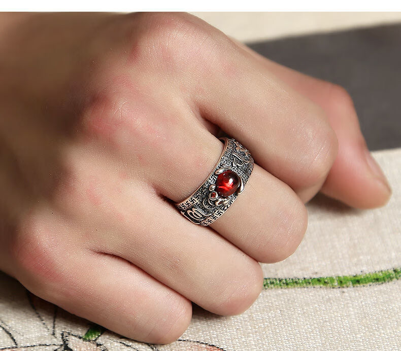 纯s925银990银貔貅戒指六字真言心经男士复古转运潮人单身霸气开口