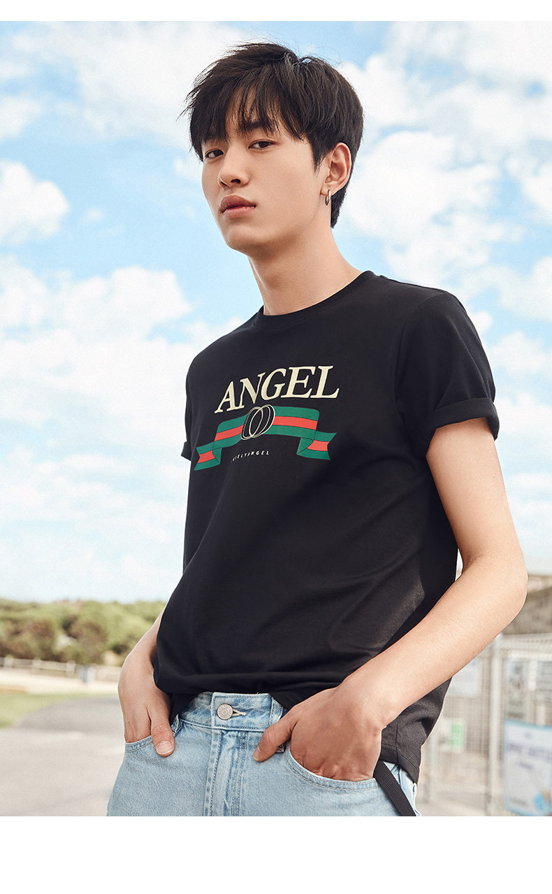 太平鸟男装夏季短袖t恤男黑色印花体恤圆领夏装潮牌半袖打底衫黑色s