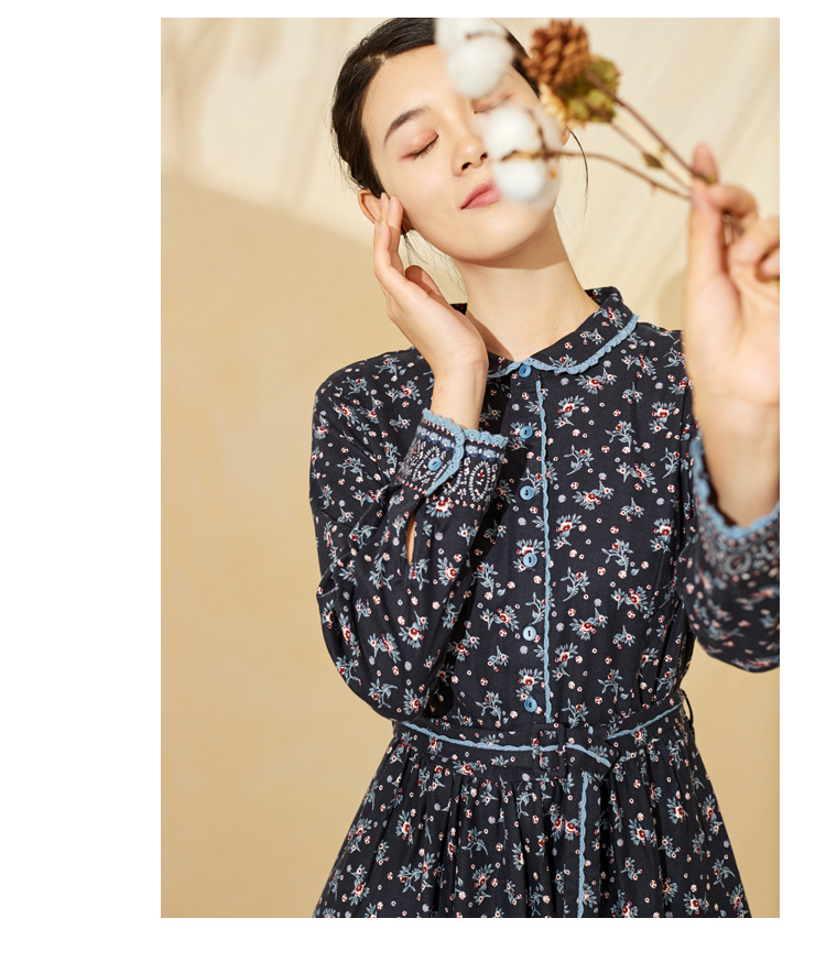 依伽依佳2020冬季棉质通勤文艺碎花娃娃领连衣裙女elql307 96蓝底印花