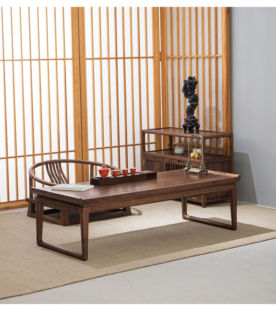 新中式实木榻榻米黑胡桃木小矮茶桌简约飘窗小茶几醉梦间禅意茶台 黑