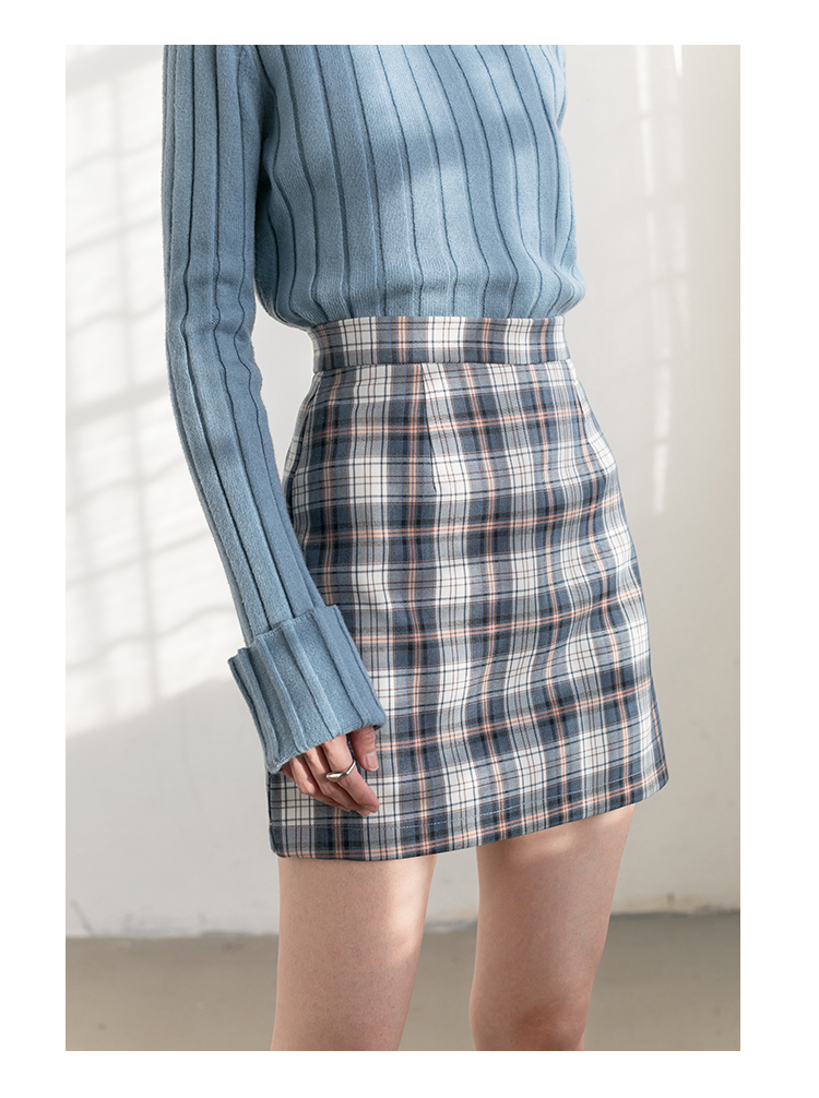 eggka短裙格子半身裙包臀裙2020新款秋冬裙子高腰 蓝色 l