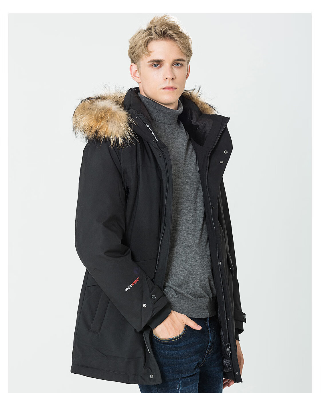 比华利保罗秋冬新品加厚男士羽绒服毛领连帽厚外套 黑色 48