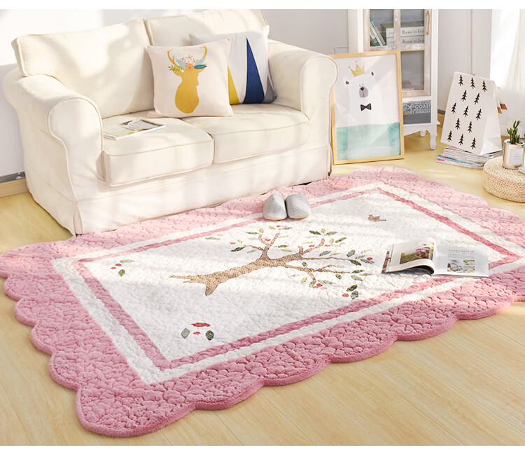 韩式 加厚短毛绒刺绣地毯卧室满铺长方形床边茶几爬行垫榻榻米h1 粉色