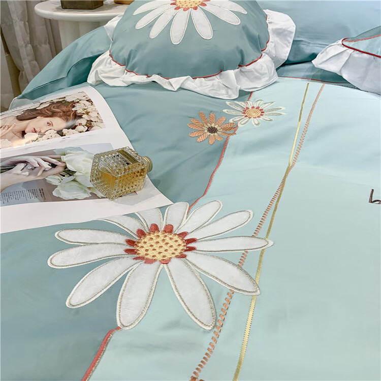 棉四件套刺绣花全棉公主风床上用品 玛格丽特柠檬黄四件套手提袋 1