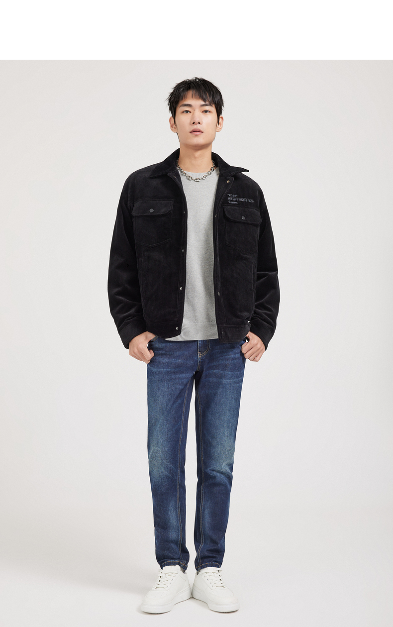 cabbeen/卡宾男装翻领灯芯绒夹克2021秋冬新款绣花拼接棉外套h 卡其色