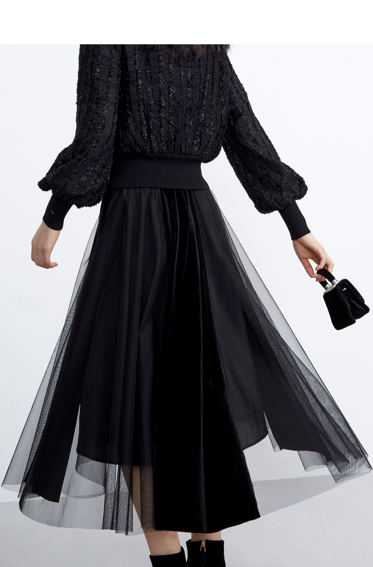 rococo2021春季新款黑色百搭休闲纱裙仙半身中长裙女449614xb1153黑色