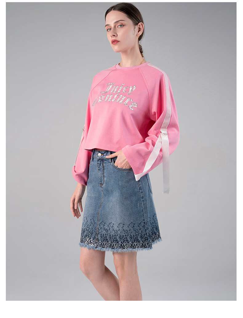 juicy couture橘滋女装春季新品织带珠片刺绣长袖针织圆领卫衣女 粉红