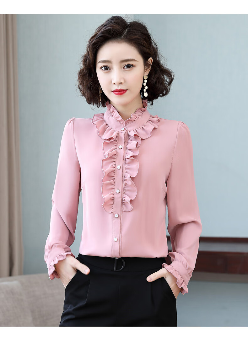 衬衫女长袖2021春装新款小立领荷叶边雪纺宽松职业上衣通勤衬衣打底衫