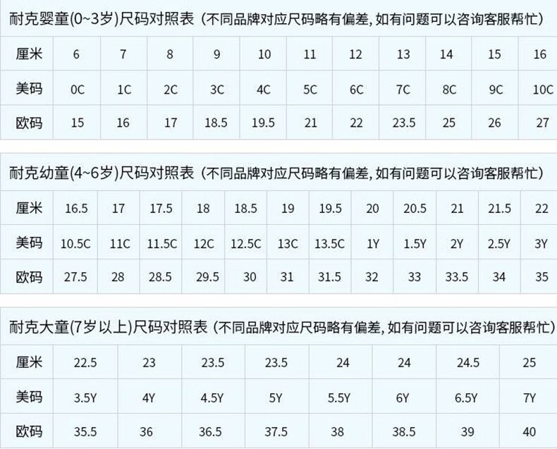 耐克鞋尺码对照表儿童图片