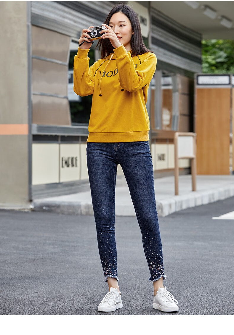 发货百斯盾九分牛仔裤女秋冬新款时尚泼墨毛边修身小脚女裤深蓝282尺1