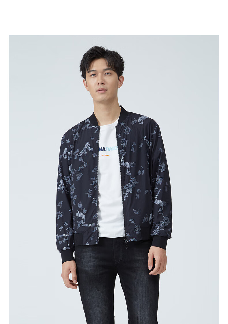 【双面穿】利郎夹克男2021春装新款棒球领印花潮流时尚外套男装 黑绿