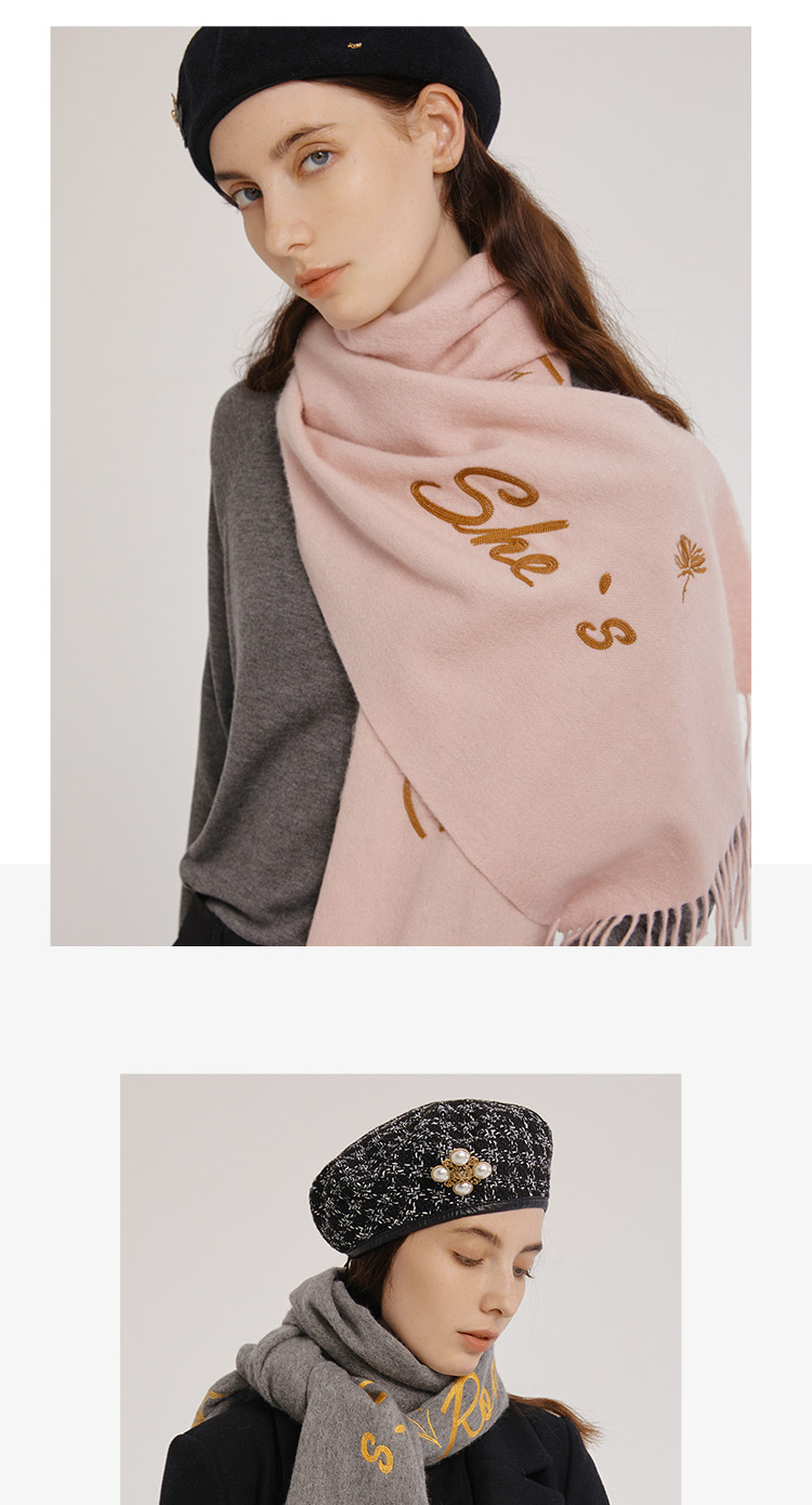 shes茜子配饰品浪漫经典刺绣英文字体绵羊毛围巾温暖个性保暖披肩时尚