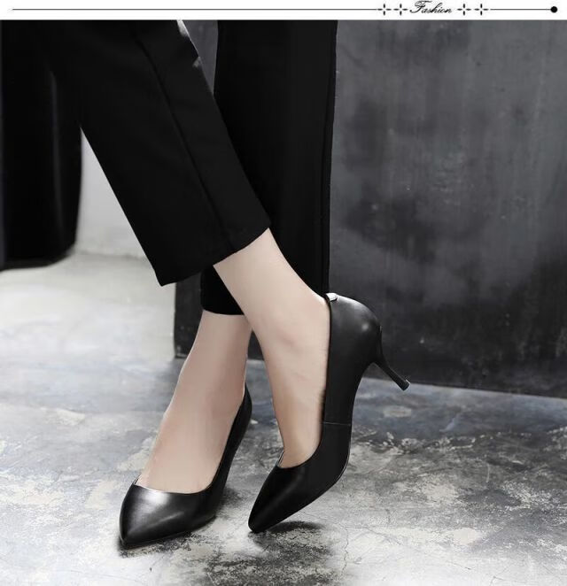 工作鞋女黑色高跟鞋尖头女皮鞋软皮细跟正装面试职业中跟四季单鞋