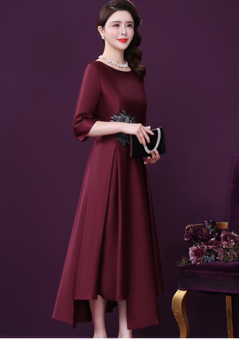 气质阔太太婚宴礼服裙女2021春季新款端庄大气刺绣显瘦a裙 枣红色 l