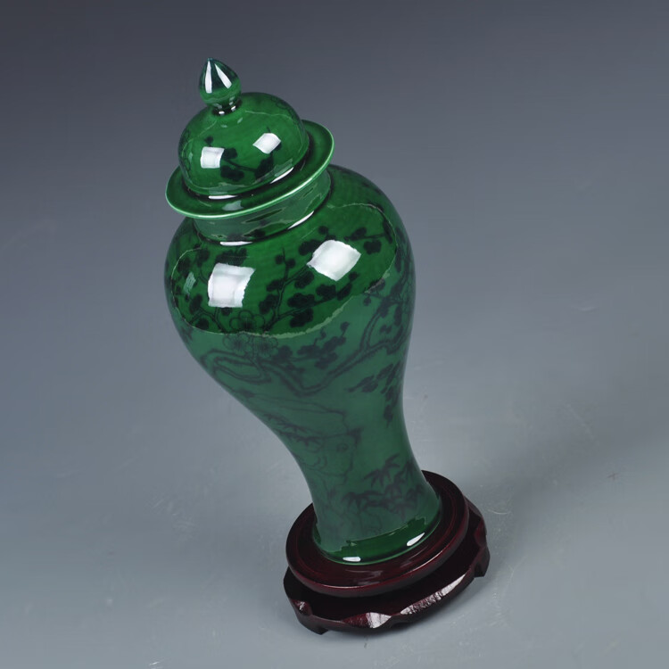绿釉家居花瓶摆件仿古花瓶青花瓷瓶双耳瓶中式工艺品花千紫小号翠绿