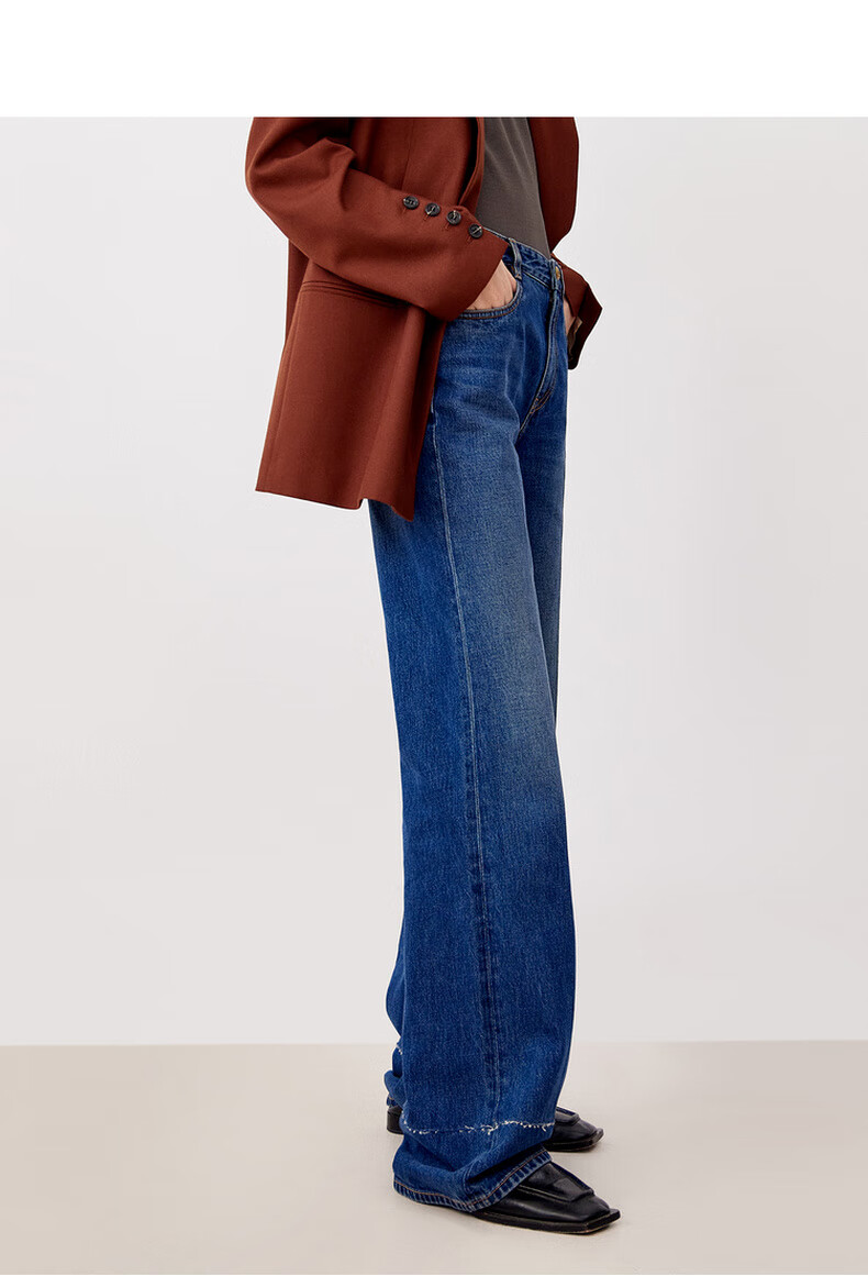 edition复古蓝牛仔裤女2022秋新款裤脚刺绣设计感高腰直筒裤 牛仔蓝色