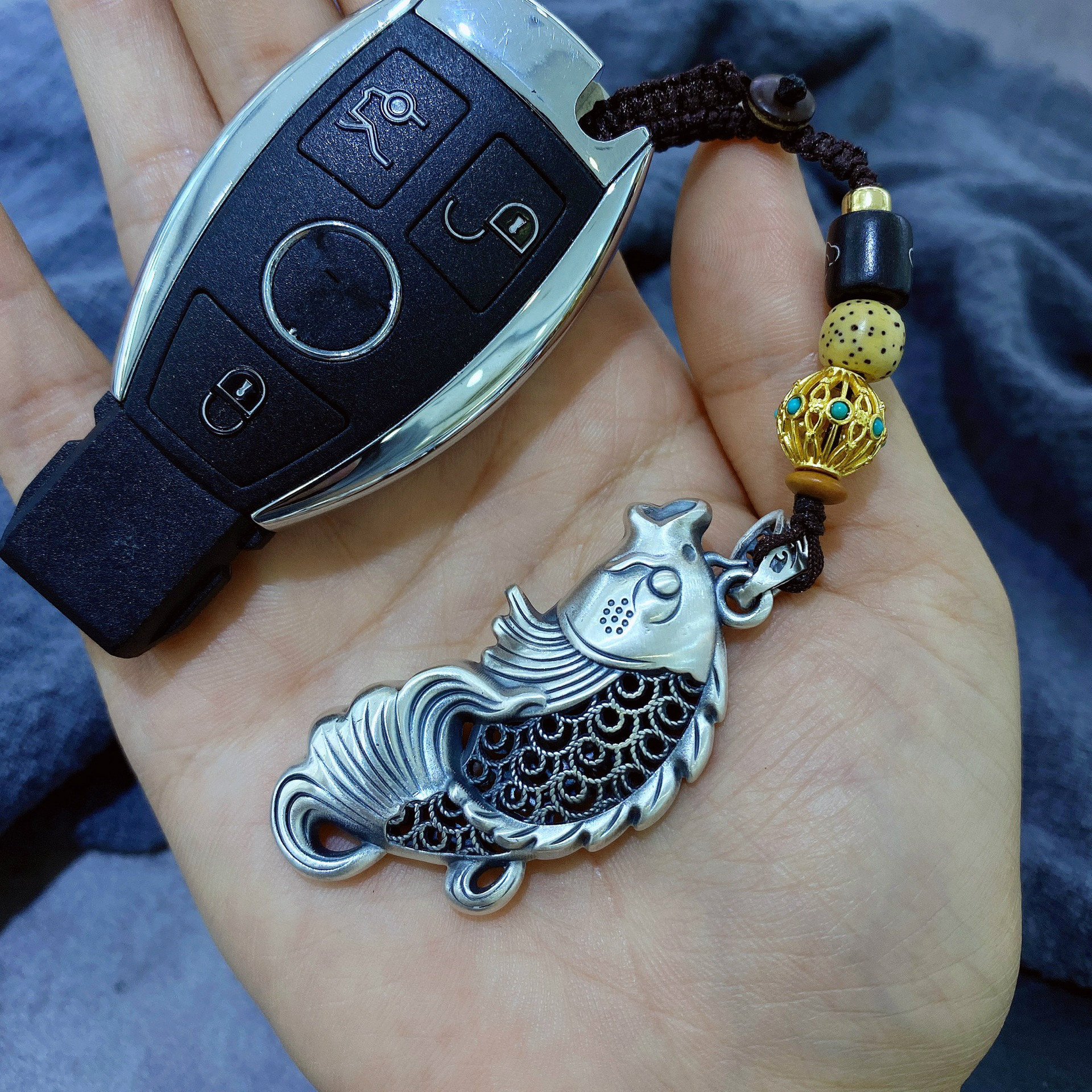 足银999富贵吉祥鱼纯银钥匙扣挂件复古中国风手工编织钥匙扣创意礼品