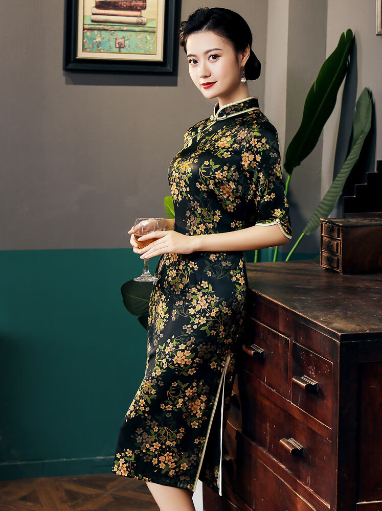 旗袍裙改良时尚秋冬新款优雅复古真丝桑蚕丝印花修身旗袍裙中长款