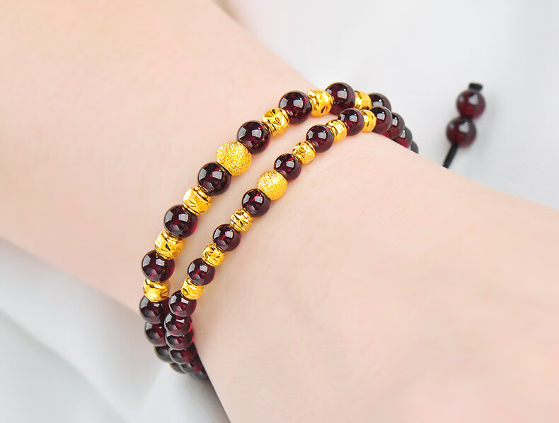 老鳯祥云同款转运珠黄金手链女 999足金珠配石榴石串手镯珠宝礼物送