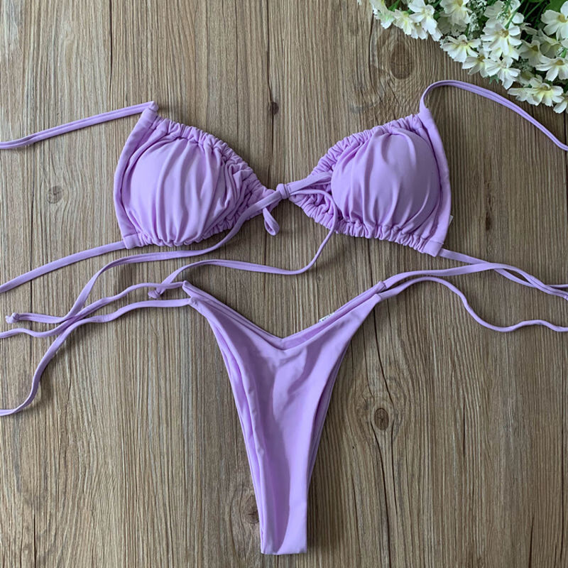欧美新款泳衣女性感三角比基尼抽绳绑带小胸三点式bikini温泉泳装淡紫
