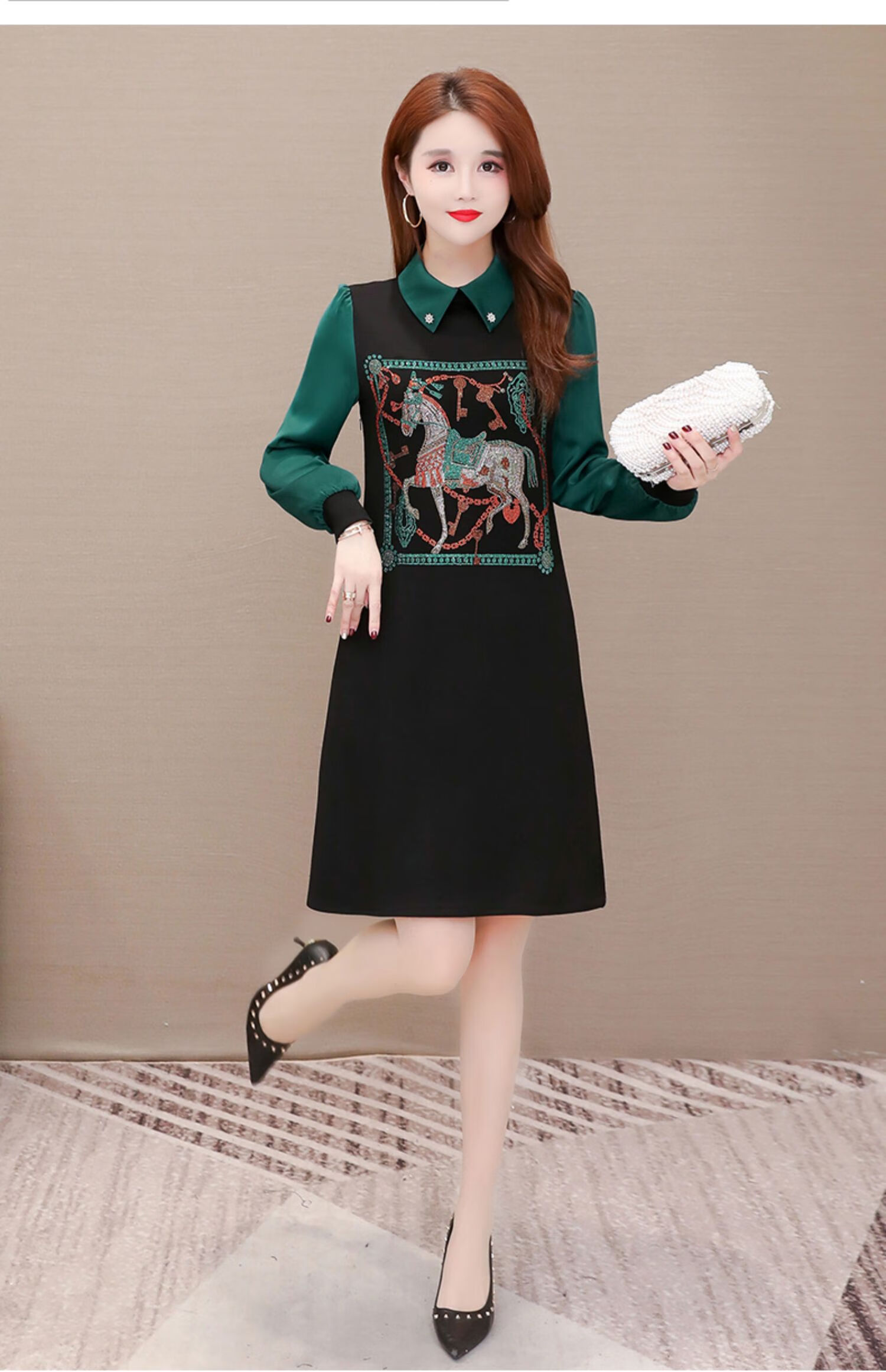2021高清女装图片,2021-春款女装图片 胖mm遮肚子连衣裙春装2021年新款女装显瘦娃娃领休闲百搭a字裙潮1.