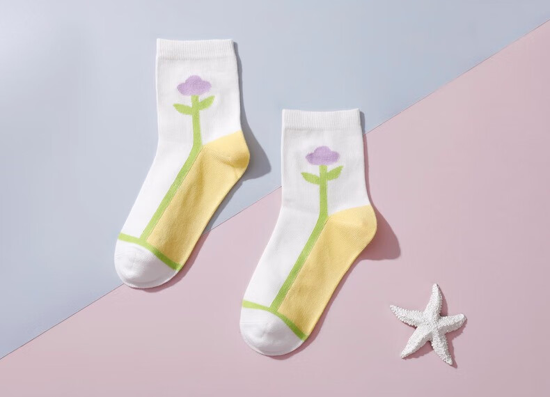 全棉时代 儿童中筒花朵提花袜 绿色(中筒撞色) 19cm