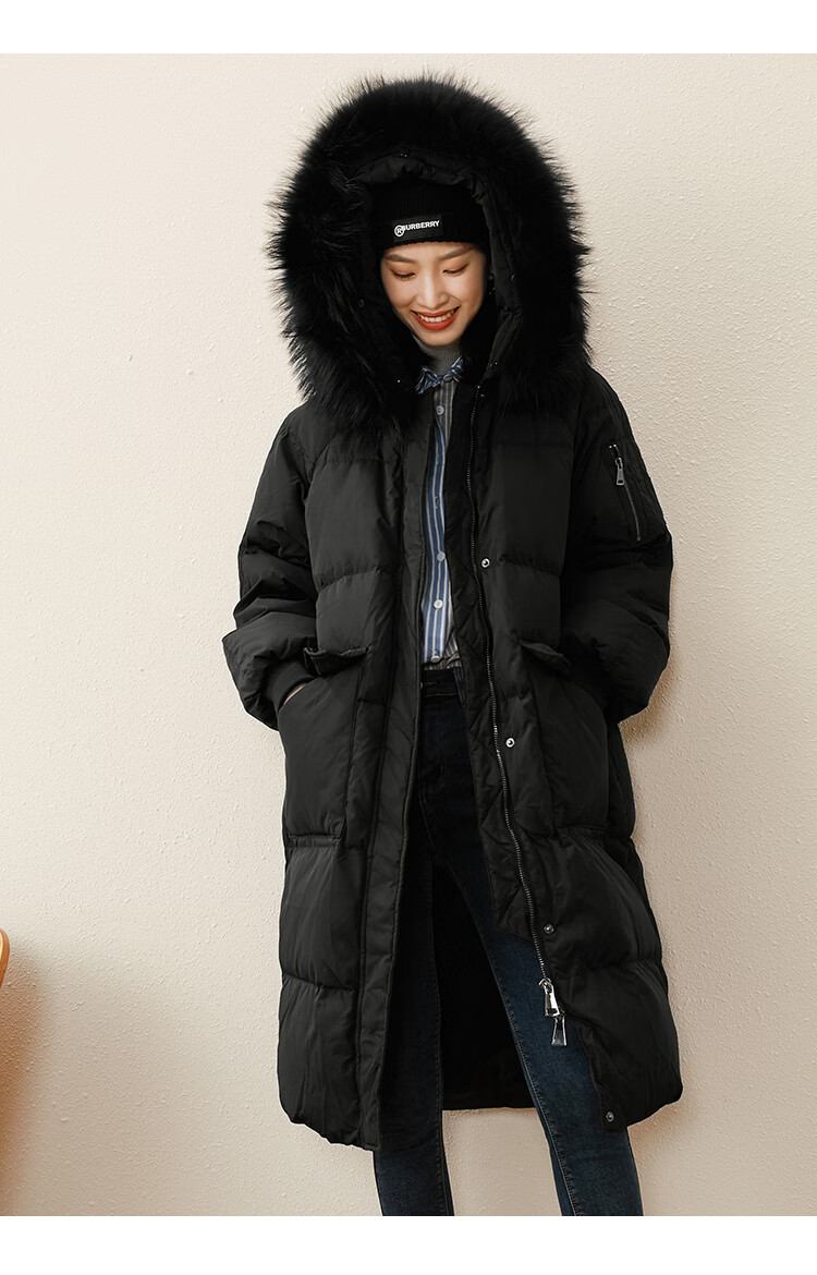 过膝毛领羽绒服女冬中长款2020冬季白鸭绒保暖面包服大衣 50073 黑色