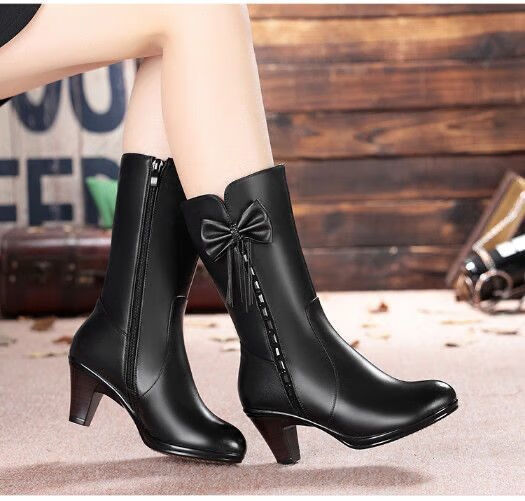 珂纷 中老年女式半高跟皮靴春秋中跟单靴秋冬季中筒靴软皮妈妈鞋棉鞋