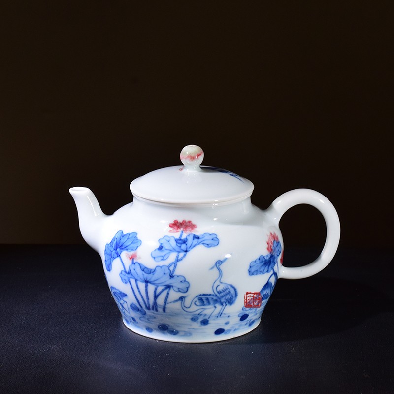 丽芳阁知竹山房李小山手绘青花釉里红仙鹤莲花一路连科全手工水平壶