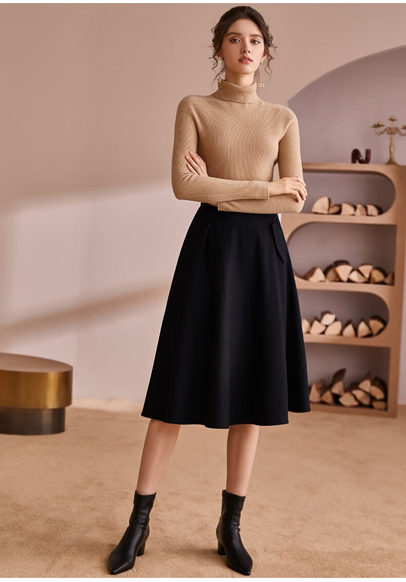罗衣简约大摆毛呢半身裙冬装新款黑色通勤保暖中长裙子03432黑色s