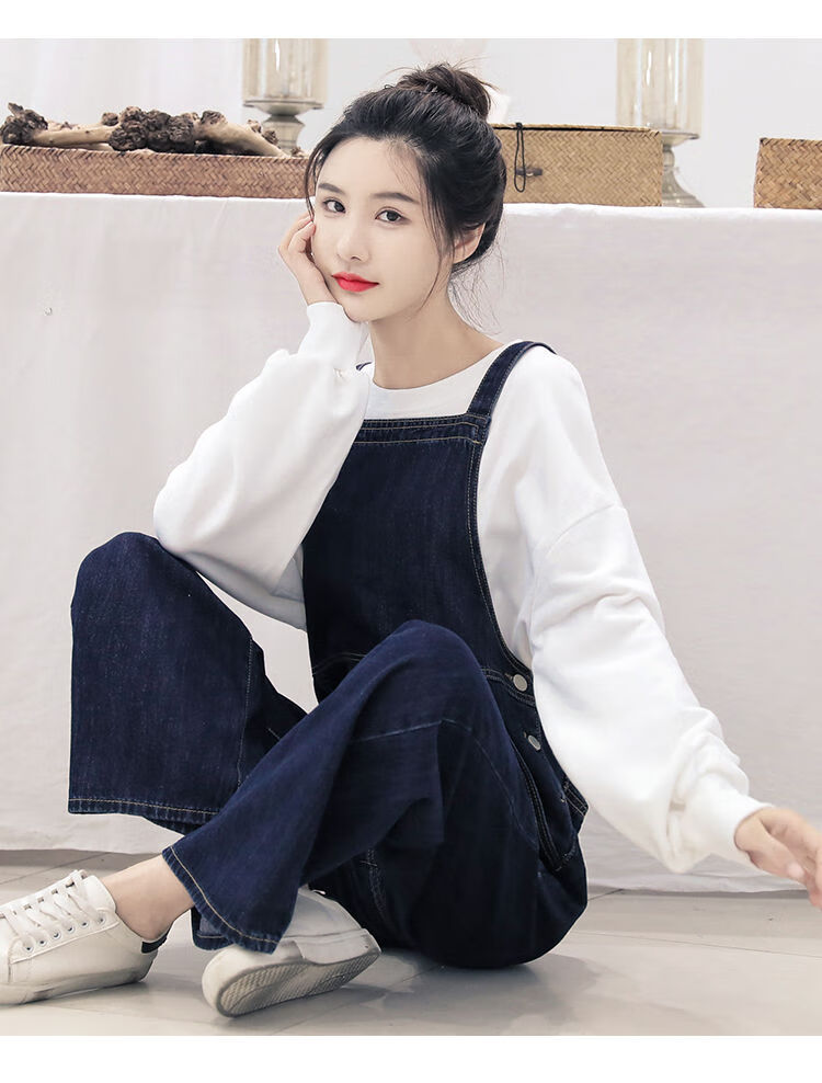 女生初中高中学生2020秋季新款宽松休闲套装少女时尚牛仔背带裤两件套