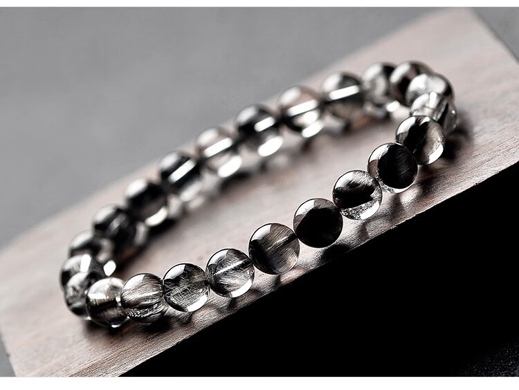天然黑银钛晶手链男女单圈黑发晶猫眼水晶手串珠径9毫米配证书