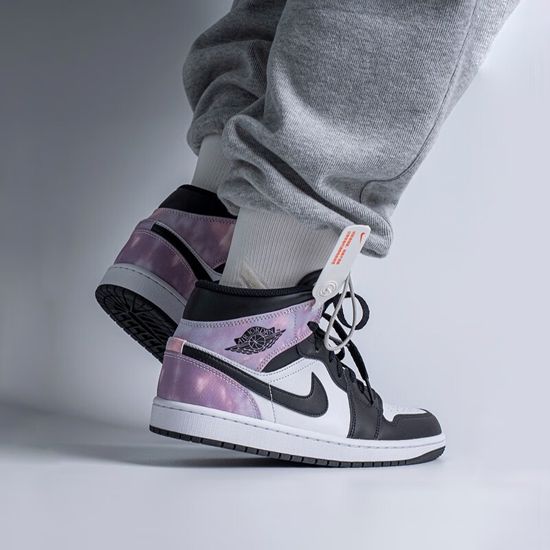 耐克nike男鞋air jordan 1 mid seaj1黑白紫扎染 中帮休闲篮球鞋 dm