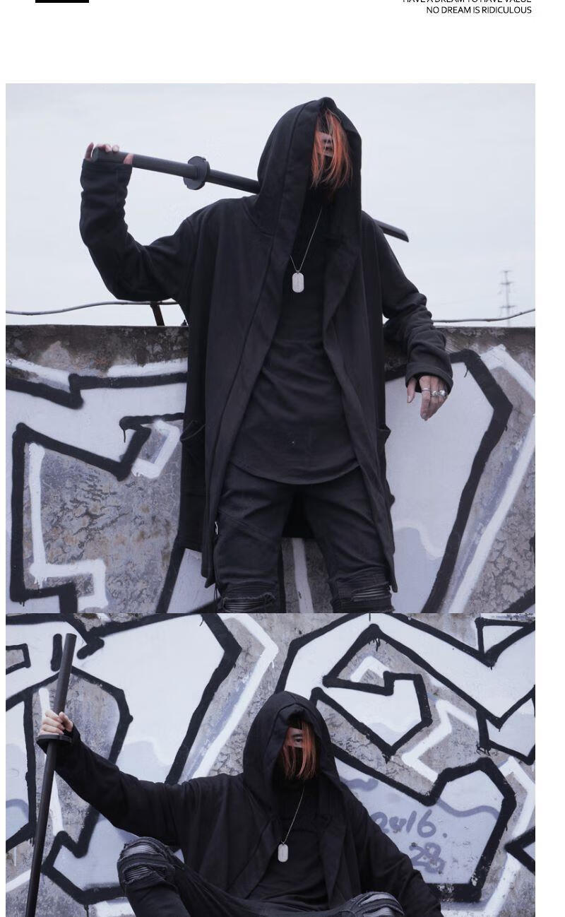 李绅男生纯黑套装潮流披风风衣男长款百搭袍子外套男韩版嘻哈风衣长款