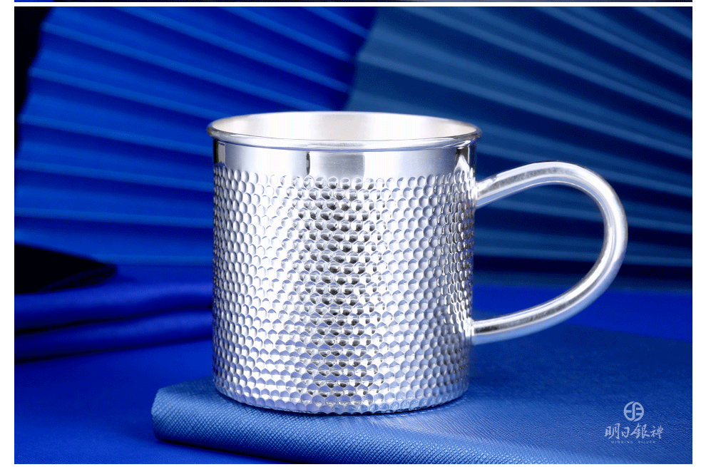 明日银杯雪花银手工锤纹银水杯足银999杯子大容量银茶杯咖啡杯茶杯