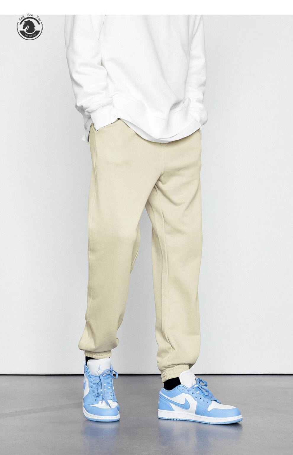 纯色百搭运动裤 春季新款男青年宽松加大码卫裤 时尚收口裤子 米色