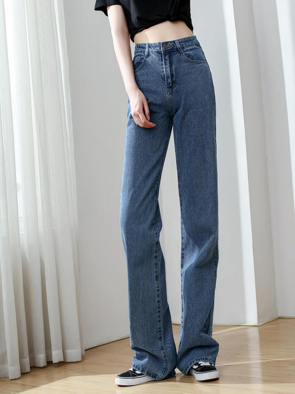 阔腿裤垂感加绒秋冬加长女高个子直筒牛仔裤拖地烟黑色高腰阔腿长裤