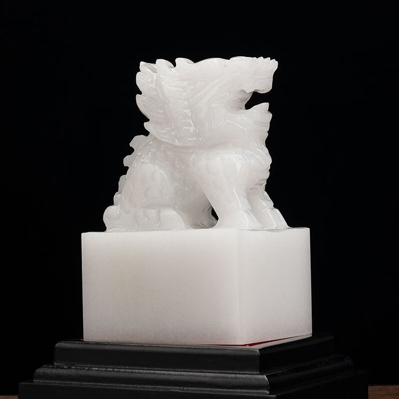吉祥源 阿富汗白玉麒麟招财摆件玉玺官印客厅玄关中式吉祥礼品摆件