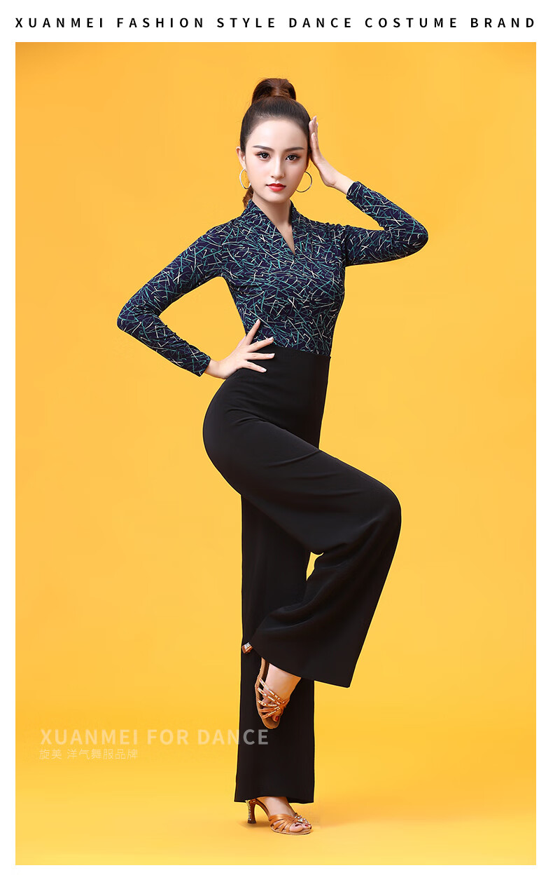 2019拉丁舞服装女练功服舞衣国标舞摩登舞蹈长袖上衣j1j1花色仅上衣不