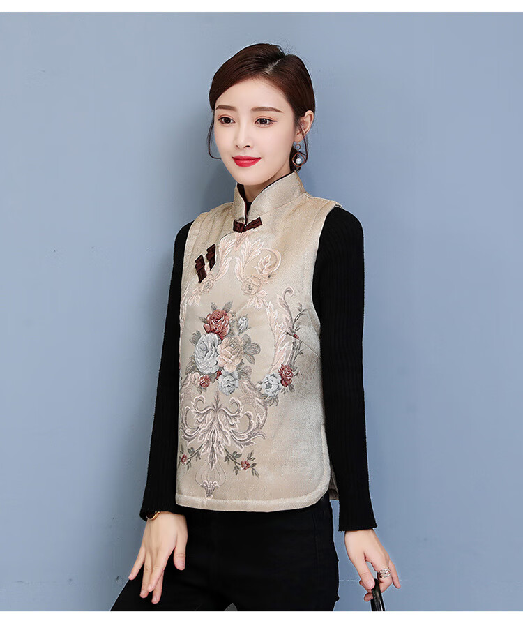 盘背扣心坎肩冬新中国风复古中式定位花夹棉绣花坎肩旗袍背心棉马甲女