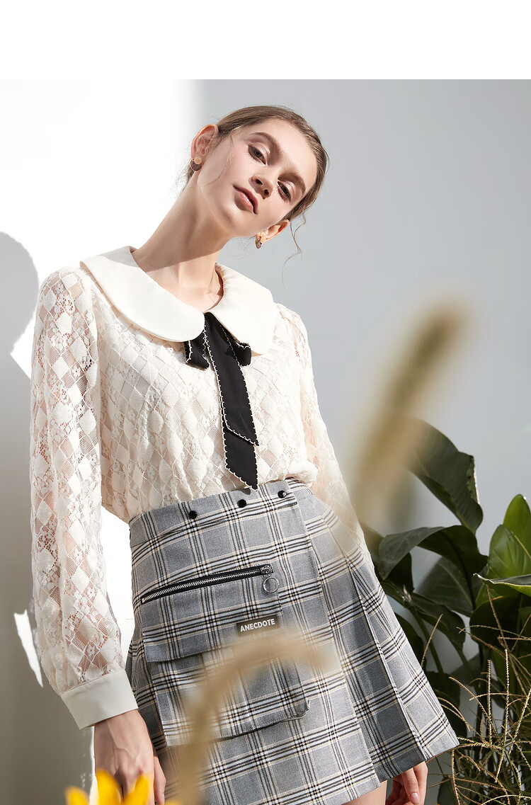 爱居兔春季新款女装上衣圆角翻领蝴蝶结系带气质蕾丝长袖针织衫米白